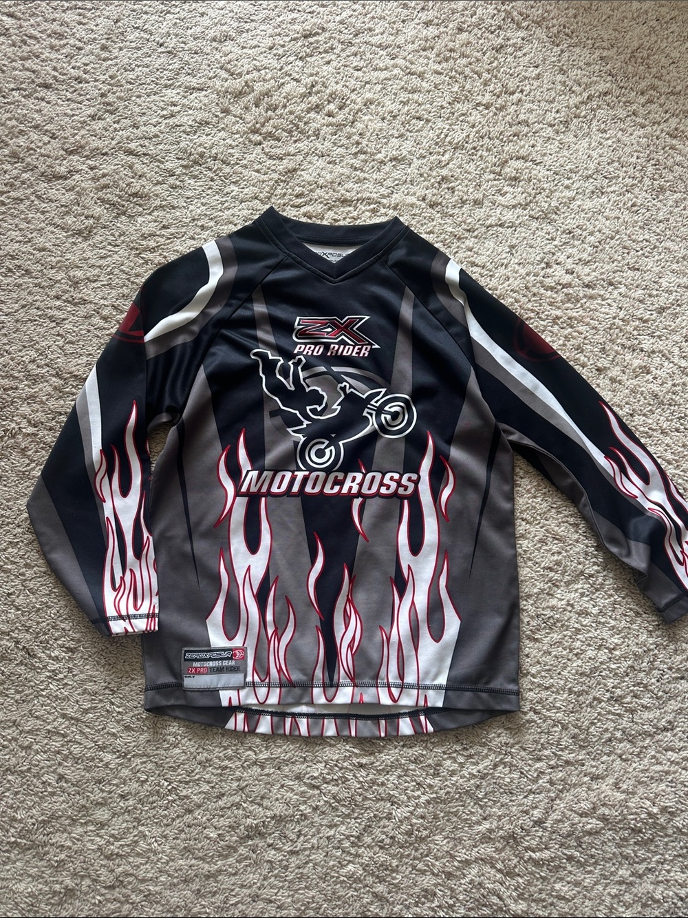 ZeroXposur Black Gray White Motocross Flame Long Sleeve Tee Sz 14/16